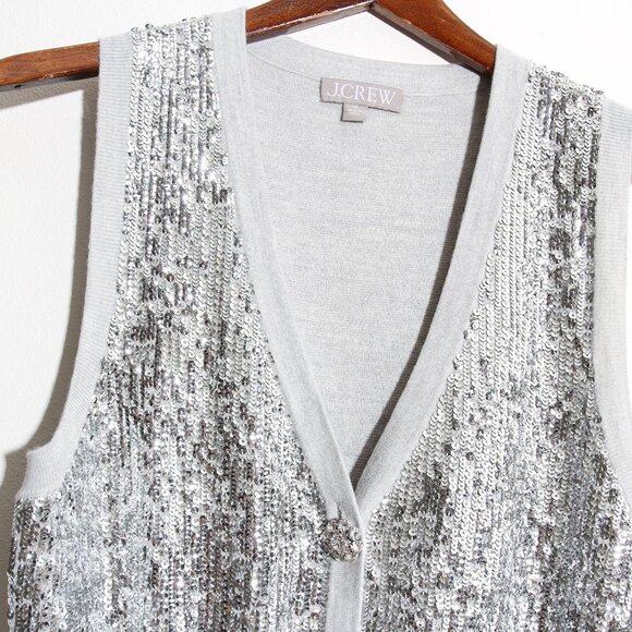 J. Crew Merino Wool V-Neck Sweater-Vest Silver Sequin Gray Embellished Sz Medium - Picture 7 of 14